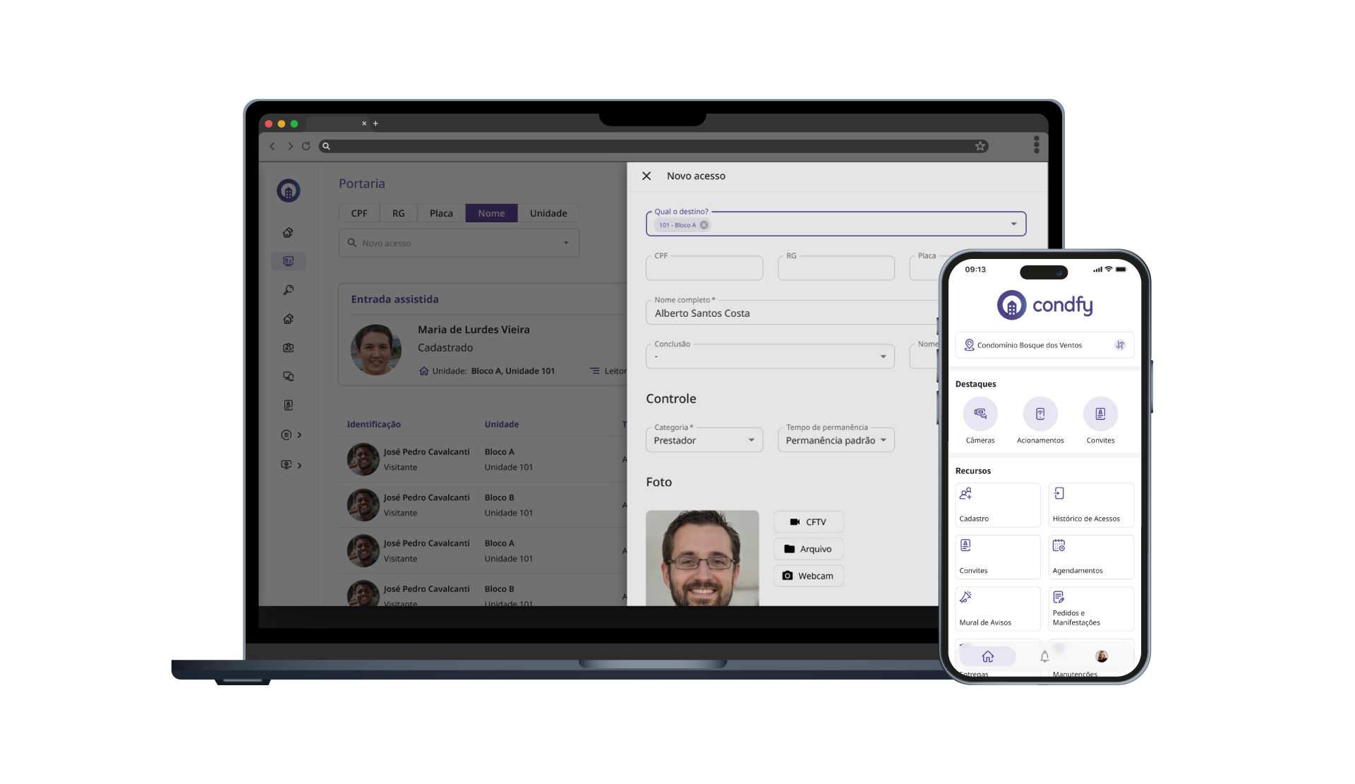Condfy — portaria no notebook e no celular